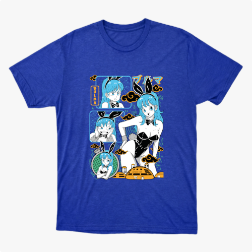 Camiseta com estampa frontal de personagem em estilo quadrinhos, mostrando várias expressões e poses, com elementos gráficos ao redor.