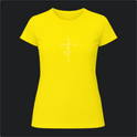 Camiseta com estampa frontal de uma cruz ornamentada por delicados ramos florais que se entrelaçam ao longo de toda sua extensão, detalhando folhas.