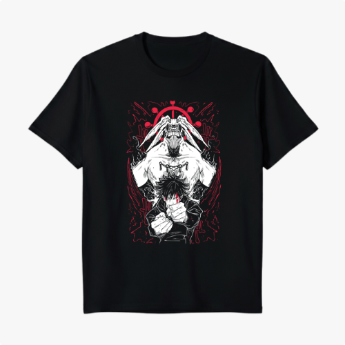 Camiseta com estampa frontal de personagens estilizados de quadrinhos, destacando figuras em poses dinâmicas sob fundo com detalhes arrojados.