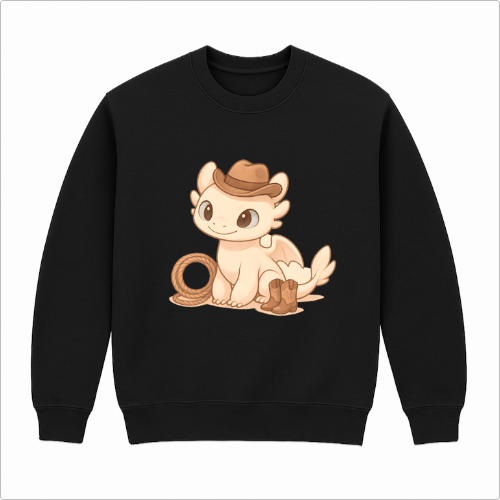 Moletom com estampa frontal de criatura fofa usando chapéu de cowboy ao lado de laço e botas de caubói.