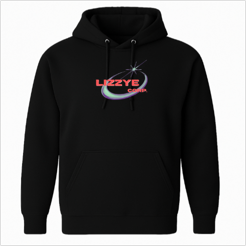 Moletom com estampa frontal de logotipo contendo a palavra "LIZZYE" em fonte moderna, sobre um desenho estilizado de órbita com estrela pontiaguda.