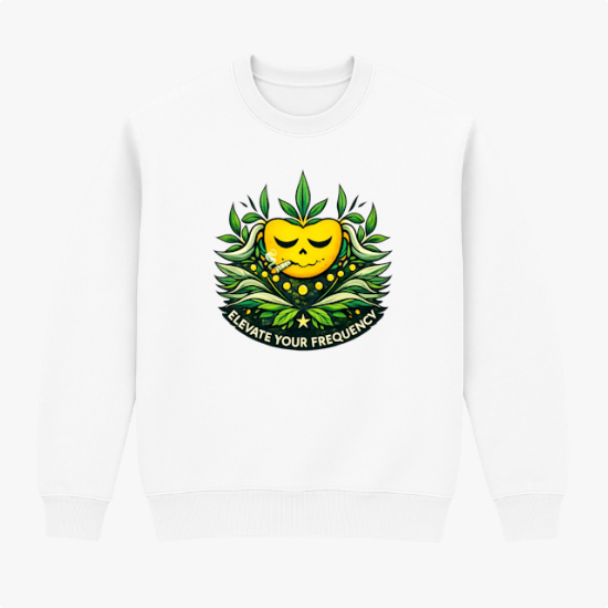 Moletom com estampa frontal de um coração sorridente amararelo cercado por folhas estilizadas, acompanhado da frase "ELEVATE YOUR FREQUENCY" em destaque.