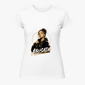 Camiseta com estampa frontal de uma mulher estilizada segurando um microfone, com a palavra "ABUSADA" em destaque logo abaixo da ilustração.