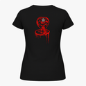 Camiseta com estampa frontal de texto estilizado "No Mercy Club" e estampa traseira de cobra enroscada em posição de ataque com detalhes gotejantes.