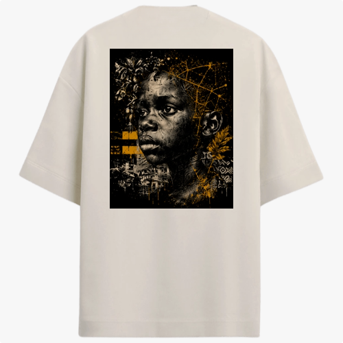 Camiseta com estampa frontal de logotipo minimalista e estampa traseira de retrato artístico de criança combinando elementos geométricos e orgânicos.