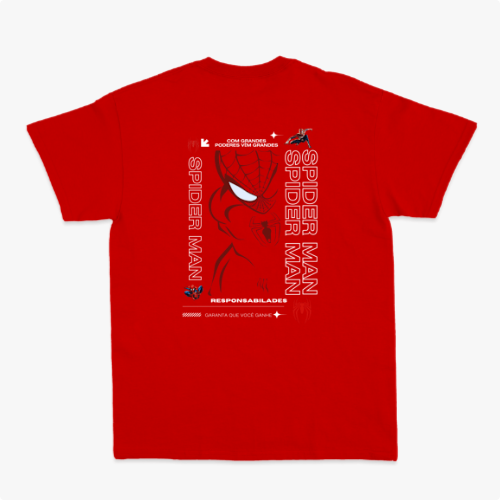 Camiseta com estampa frontal de aranha estilizada de linhas finas e estampa traseira de rosto delineado com texto e referências icônicas.
