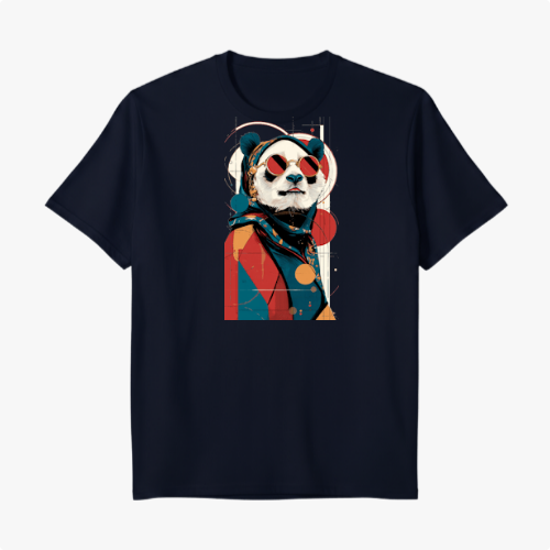 Camiseta com estampa frontal de panda estilizado usando óculos de sol, lenço no pescoço, sobre fundo geométrico com círculos e linhas abstratas.