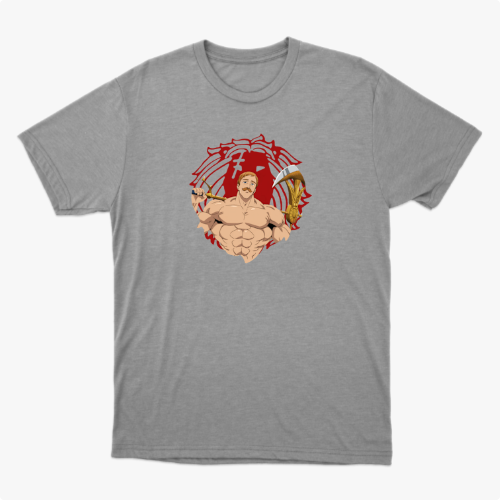 Camiseta com estampa frontal de guerreiro musculoso segurando uma arma sobre fundo circular e estampa traseira de personagem em pose poderosa com texto.