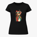 Camiseta com estampa frontal de um panda estilizado em formas geométricas e óculos de sol, com um design moderno composto por linhas e círculos abstratos.