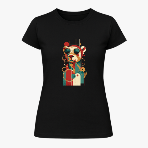 Camiseta com estampa frontal de um panda estilizado em formas geométricas e óculos de sol, com um design moderno composto por linhas e círculos abstratos.
