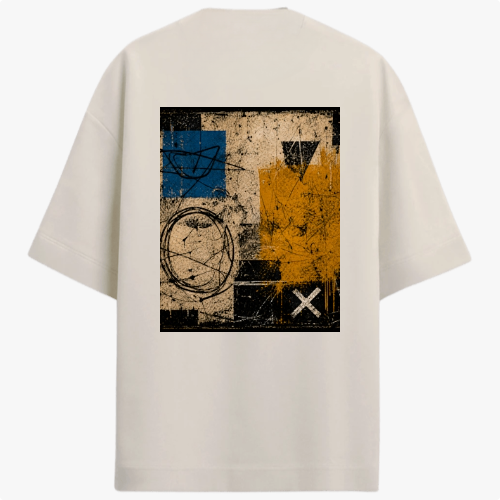 Camiseta com estampa frontal de símbolo minimalista no canto inferior e estampa traseira de arte geométrica abstrata com círculos, quadrados e um "X".