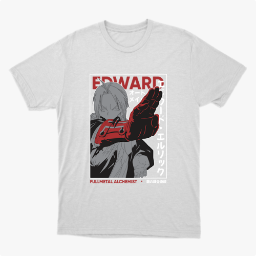 Camiseta com estampa frontal de personagem estilizado em tons de cinza e vermelho, com elementos de design geométrico e texto ao redor.