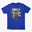 Camiseta com estampa frontal de guerreiro musculoso em quadrantes, com navio, homem barbudo, escudo e machado ao fundo, com texto inferior "Thron Bodybuilder".