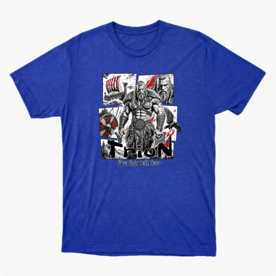 Camiseta com estampa frontal de guerreiro musculoso em quadrantes, com navio, homem barbudo, escudo e machado ao fundo, com texto inferior "Thron Bodybuilder".