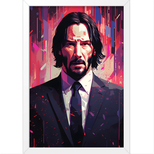 Quadro com estampa de homem em traje formal, cercado por uma composição abstrata de linhas verticais e formas geométricas coloridas em estilo pop art.