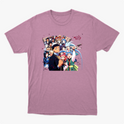 Camiseta com estampa frontal de diversos personagens de anime alinhados, exibindo expressões variadas, alguns com adereços únicos e poses dinâmicas.