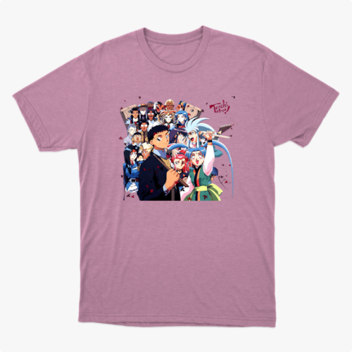 Camiseta com estampa frontal de diversos personagens de anime alinhados, exibindo expressões variadas, alguns com adereços únicos e poses dinâmicas.