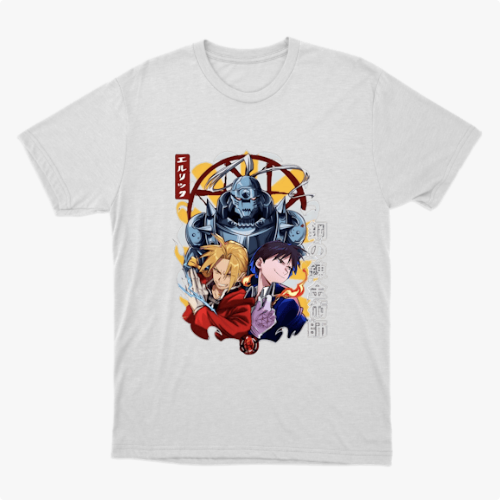 Camiseta com estampa frontal de três personagens em estilo animado, cercados por símbolos místicos e letras verticais estilizadas à esquerda.