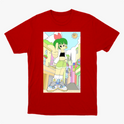 Camiseta com estampa frontal de personagem de cabelo verde e roupa casual em uma rua colorida, com sol sorridente no céu e detalhes urbanos vibrantes.