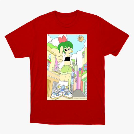 Camiseta com estampa frontal de personagem de cabelo verde e roupa casual em uma rua colorida, com sol sorridente no céu e detalhes urbanos vibrantes.