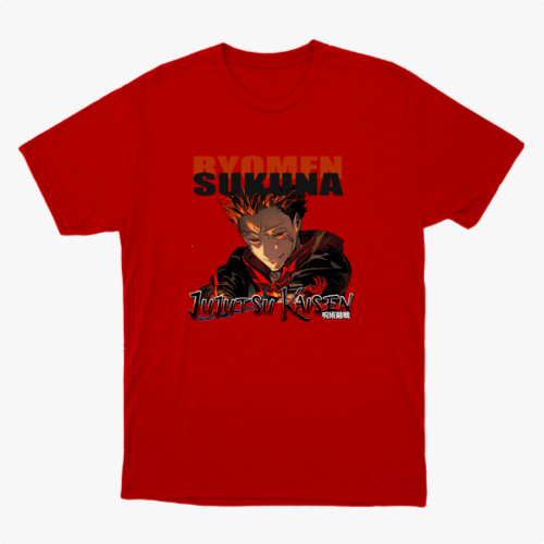 Camiseta com estampa frontal de personagem de anime com expressão intensa abaixo de texto grande e estilizado, incluindo título e caracteres japoneses.