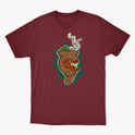 Camiseta com estampa frontal de um chimarrão estilizado com erva-mate, cuia e fumaça, rodeado por um fundo de formas orgânicas em contraste.