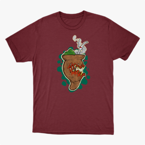Camiseta com estampa frontal de um chimarrão estilizado com erva-mate, cuia e fumaça, rodeado por um fundo de formas orgânicas em contraste.