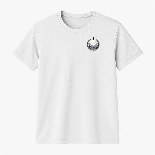 Camiseta com estampa frontal de águia estilizada em um emblema circular com raios e folhas e estampa traseira expandida com detalhes gráficos adicionais.