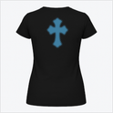 Camiseta com estampa frontal de "LIZZYE CORP" acompanhada de um pequeno símbolo abaixo e estampa traseira de uma cruz pixelada destacada.