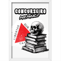 "Quadro com estampa de caveira sobre pilha de livros, triângulo vermelho ao fundo e frases em torno, destacando um estilo acadêmico e irreverente."