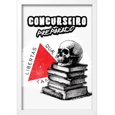 "Quadro com estampa de caveira sobre pilha de livros, triângulo vermelho ao fundo e frases em torno, destacando um estilo acadêmico e irreverente."