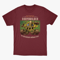 Camiseta com estampa frontal de polvo musculoso levantando pesos, rodeado por estrelas e letras, complementado por uma mensagem motivacional em inglês.