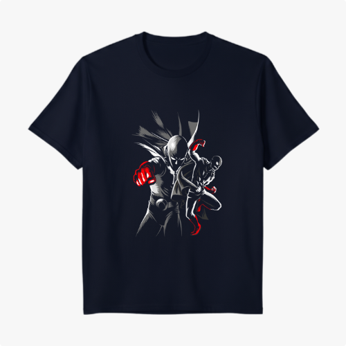 Camiseta com estampa frontal de um herói em pose dinâmica, destacando detalhes vívidos em vermelho com traços sombreados, conferindo profundidade ao design.