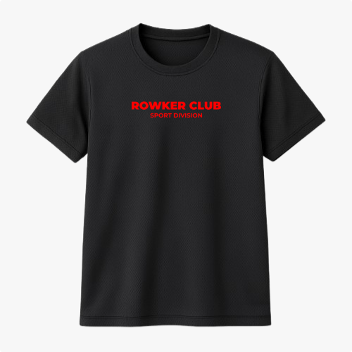 Camiseta com estampa frontal de texto "ROWKER CLUB SPORT DIVISION" em letras destacadas e estampa traseira de três globos acima do mesmo texto.
