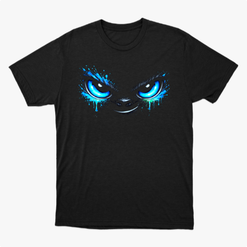 Camiseta com estampa frontal de olhos grandes com expressão intensa, detalhes de gotas simulando tinta escorrendo, e um leve destaque no brilho dos olhos.