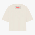 Camiseta com estampa traseira de texto "infinity game organization" em estilo moderno, com destaque para a palavra "infinity" em um design distinto.