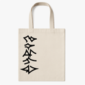 Ecobag com estampa frontal de caracteres estilizados verticais, remetendo a grafismos tribais ou símbolos abstratos de contornos angulares e formas pontiagudas.