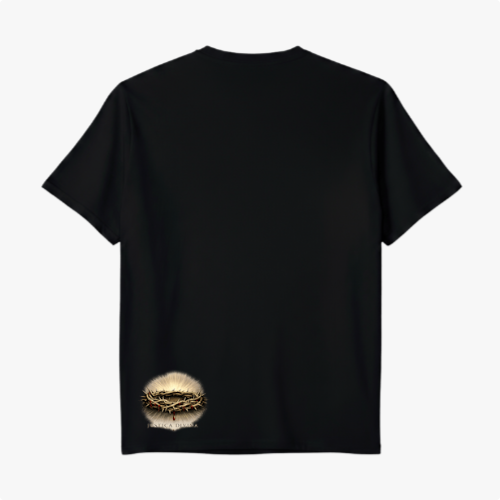 Camiseta com estampa frontal de coroa de espinhos acima da frase "Meu Pai Minha É a Vingança" e estampa traseira menor com coroa de espinhos.