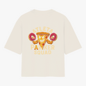 Camiseta com estampa frontal de logotipo estilizado "PK" em tamanho pequeno e estampa traseira de fatia de pizza e donuts com a frase "Atleta Parker Squad".