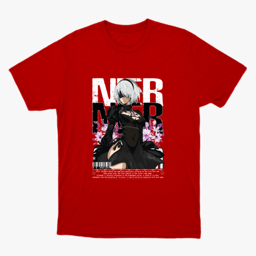 Camiseta com estampa frontal de personagem com cabelo prateado, vestindo traje estilizado, entre flores roxas, acompanhada de letras grandes e código de barras.