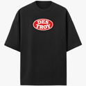 Camiseta com estampa frontal de logo oval "DESTROY" e estampa traseira de pacote com personagem animado, texto decorativo e bandeiras minúsculas.