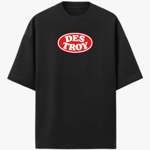 Camiseta com estampa frontal de logo oval "DESTROY" e estampa traseira de pacote com personagem animado, texto decorativo e bandeiras minúsculas.
