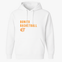 Moletom com estampa frontal de texto "Bonito Basketball" acima de um icônico aro de basquete, em um design simples que destaca esportividade.