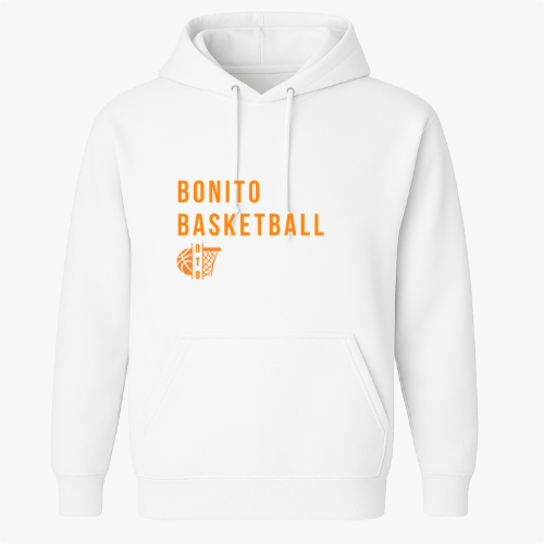 Moletom com estampa frontal de texto "Bonito Basketball" acima de um icônico aro de basquete, em um design simples que destaca esportividade.