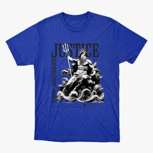 Camiseta com estampa frontal de deidade mitológica segurando um tridente sobre ondas, acompanhada das palavras "Justice", "Train Bodybuilder" e outros textos decorativos.