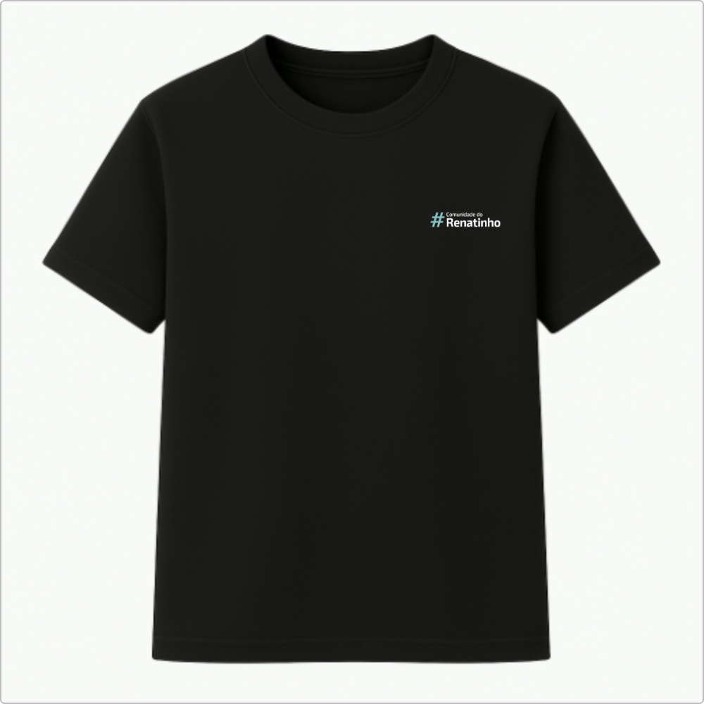Camiseta com estampa frontal de "#Comunidade do Renatinho" e estampa traseira de "#layoutmeumelhoramigo".