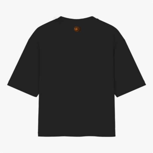 Camiseta com estampa frontal de texto estilizado "latino y forrozeiro" no canto superior esquerdo e estampa traseira de espiral decorativa centralizada no topo.