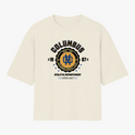 Camiseta com estampa frontal de "Columbus Ohio - USA" em estilo atlético, incluindo emblema central com "Muscle Team" cercado por estrelas e texto adicional.