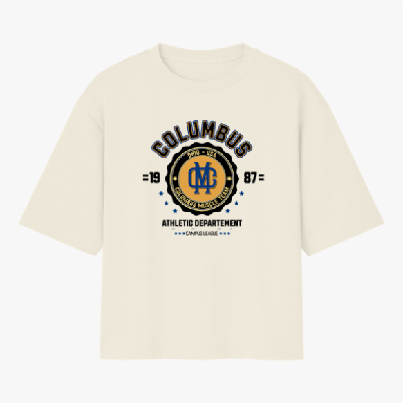 Camiseta com estampa frontal de "Columbus Ohio - USA" em estilo atlético, incluindo emblema central com "Muscle Team" cercado por estrelas e texto adicional.