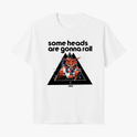 Camiseta com estampa frontal de robô sobre escadaria em triângulo, com letras "some heads are gonna roll" acima e "1984" abaixo.